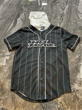 No Fear Youth Baseball Jersey Hoodie Size M 10-12 Black Pinstripe Short Sleeve